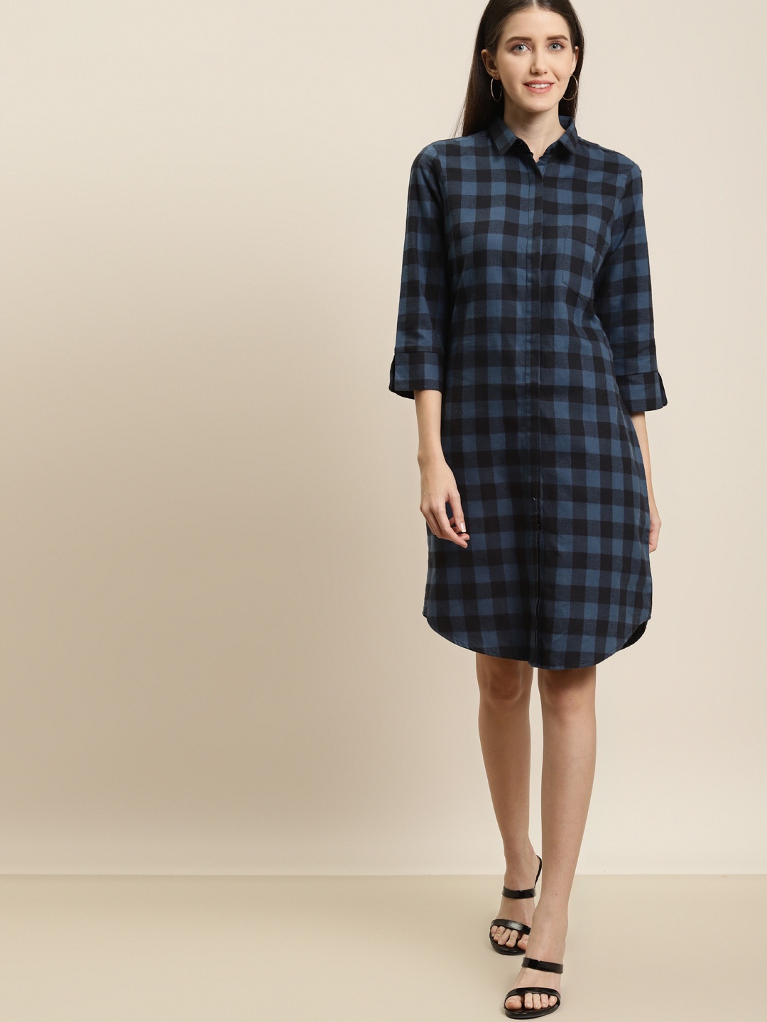

Hancock Navy Blue & Black Cotton Checked Formal Shirt Dress