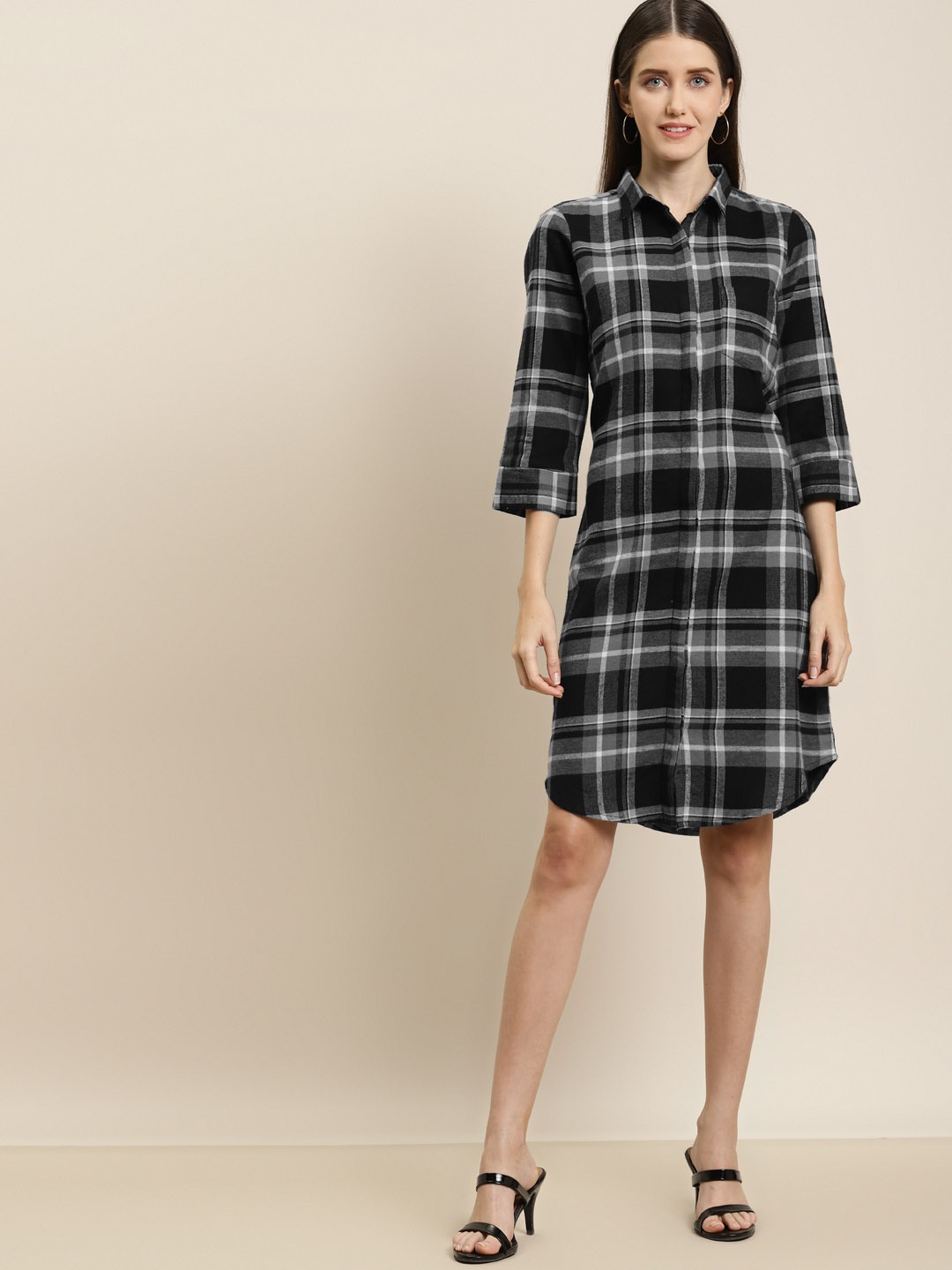 

Hancock Grey & Black Tartan Checked Formal Pure Cotton Shirt Dress