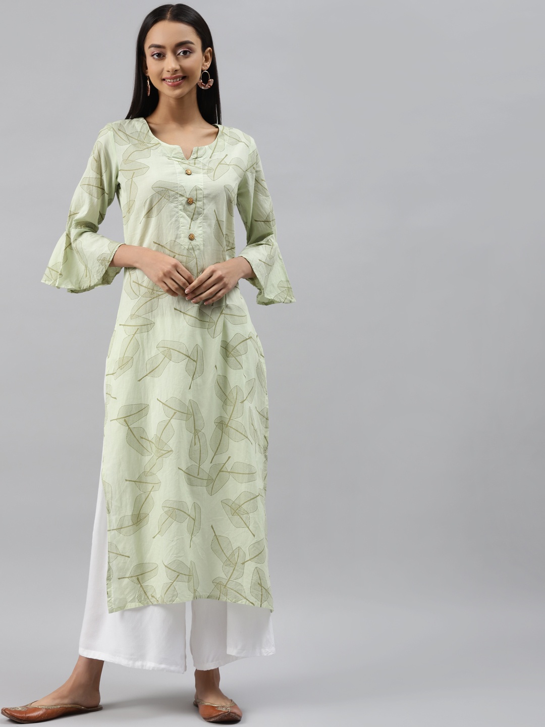 

Meeranshi Women Cream-Coloured & Green Leaf Printed Bell Sleeves Kurta