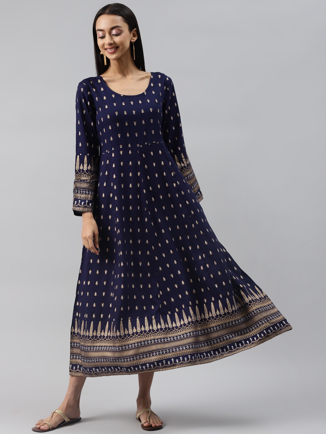 

Meeranshi Blue & Gold-Toned Floral A-Line Midi Dress