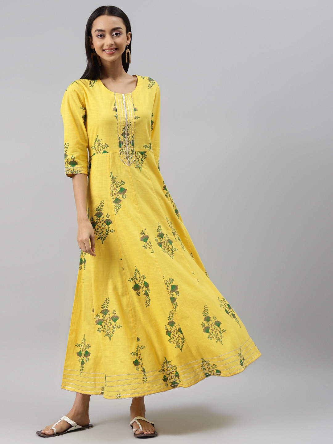 

Meeranshi Yellow & Green Floral Gotta Patti A-Line Maxi Dress