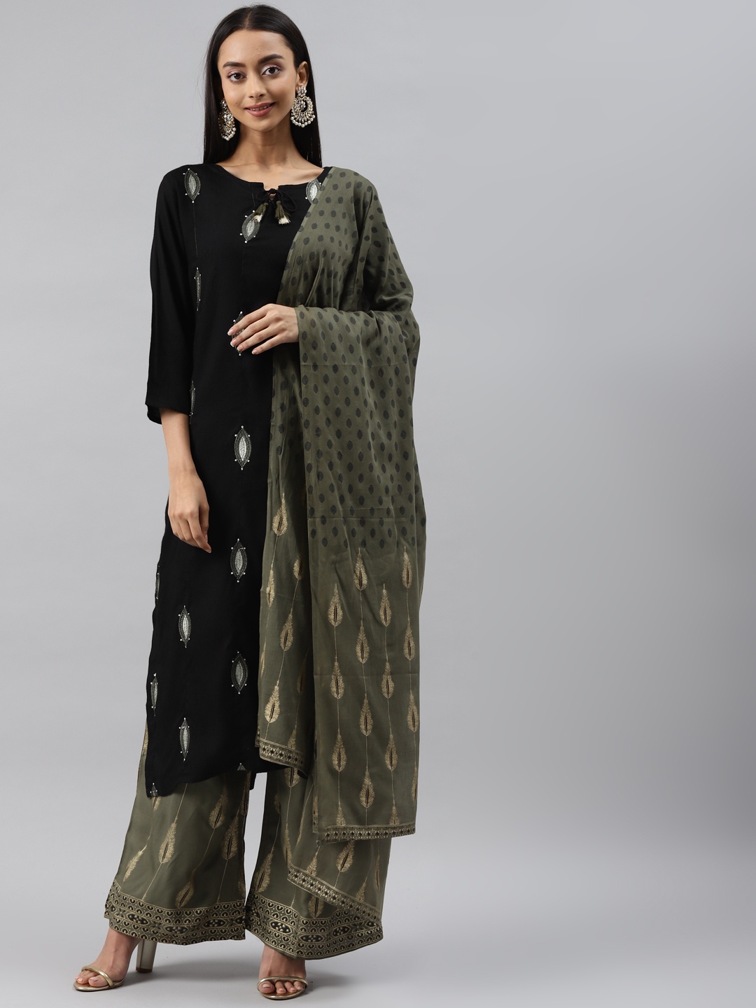 

Meeranshi Women Black Ethnic Motifs Embroidered Regular Kurta with Palazzos & With Dupatta