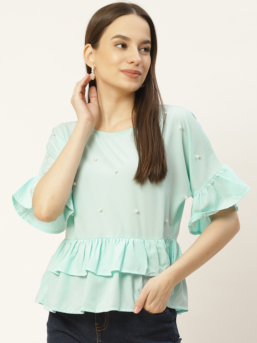 

Aayna Sea Green Embellished Crepe Regular Top