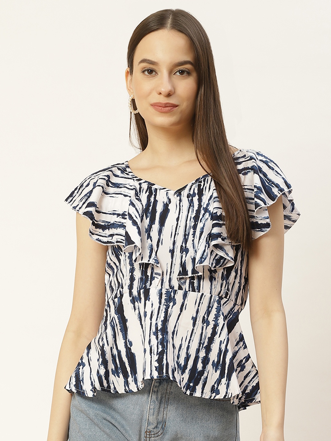 

Aayna Blue Tie and Dye Ruffles Crepe Top