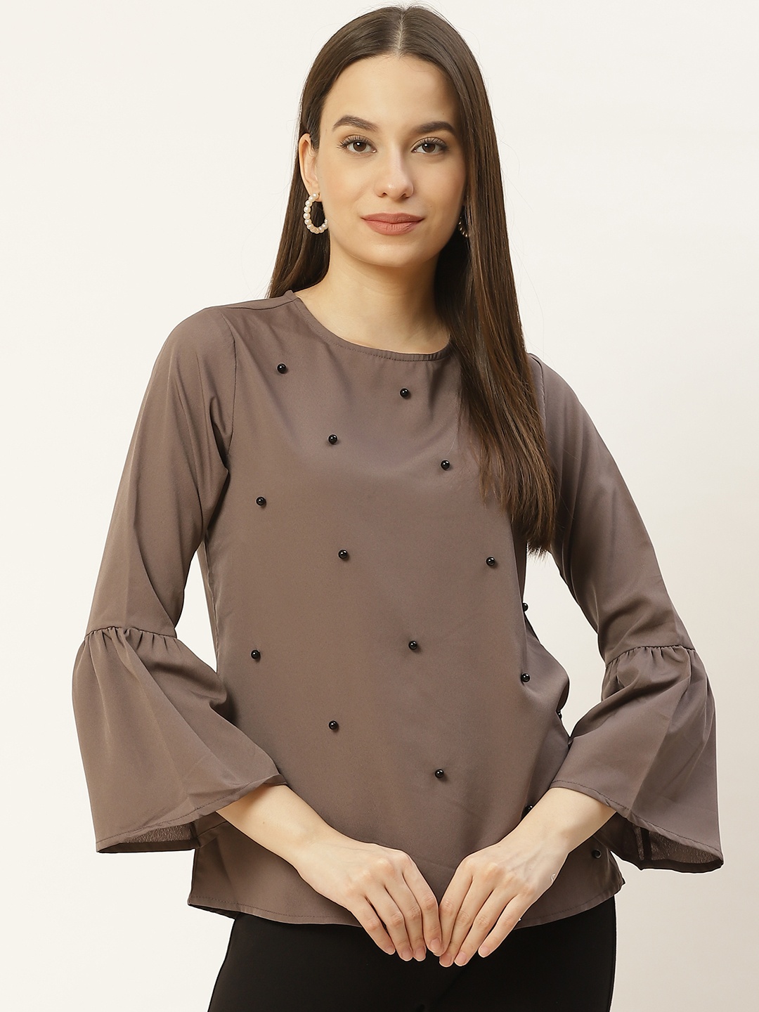 

Aayna Gunmetal-Toned Embellished Crepe Regular Top, Metallic