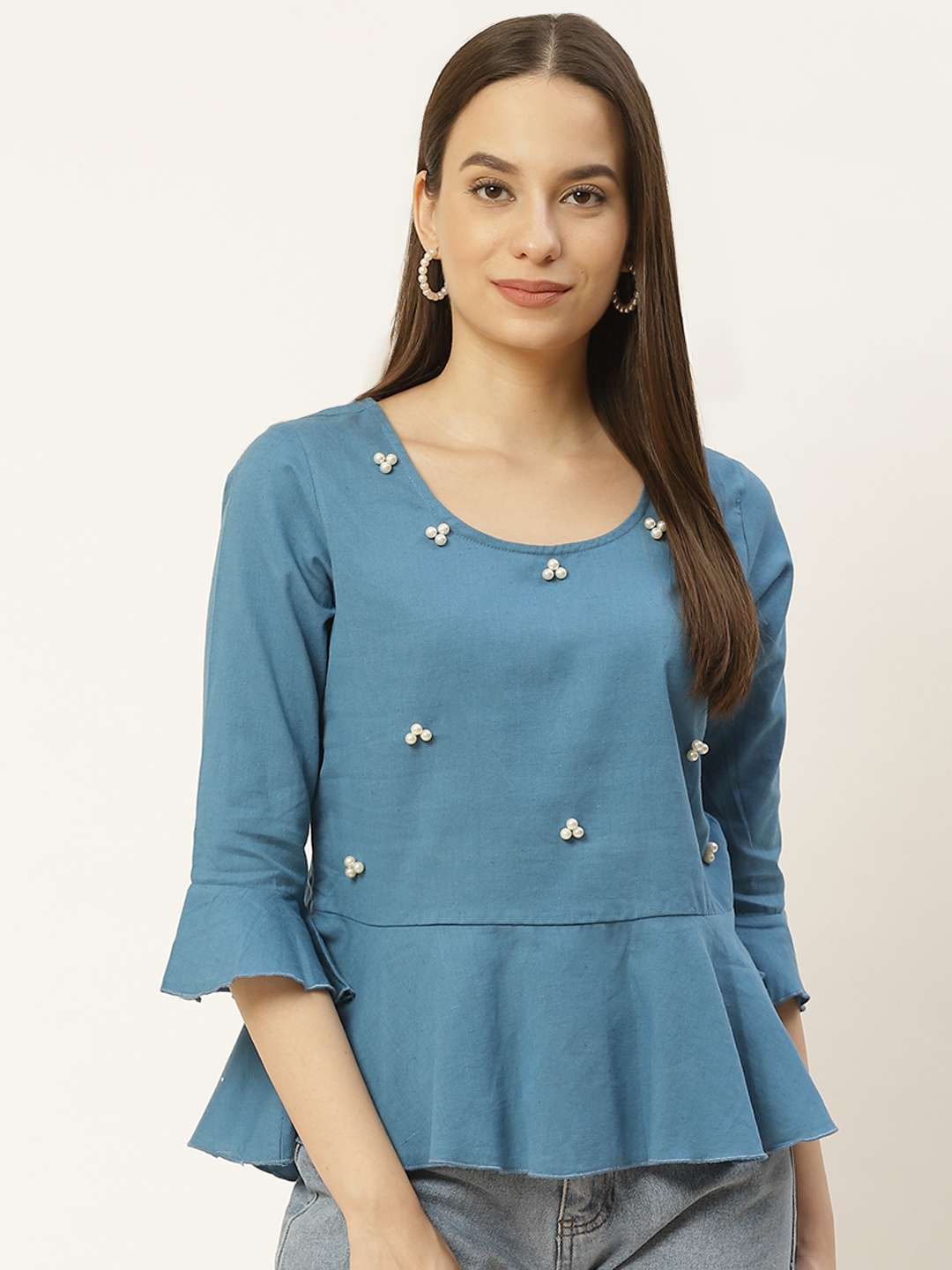 

Aayna Blue Embellished Regular Top