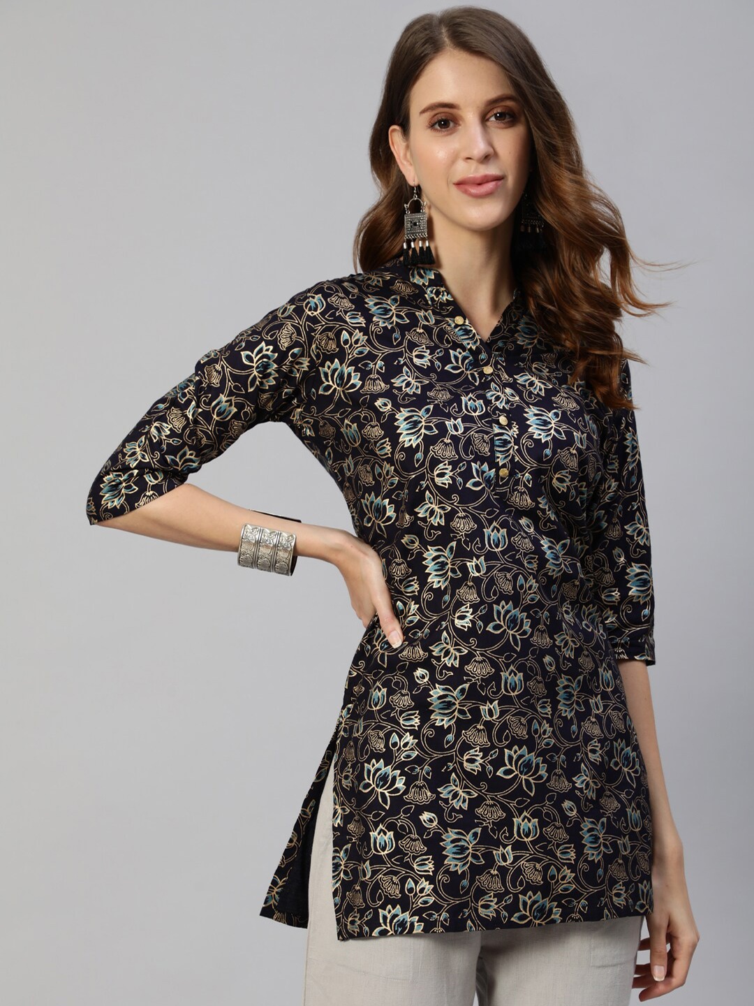 

Anubhutee Navy Blue & Gold Ethnic Motifs Foil Printed Kurti