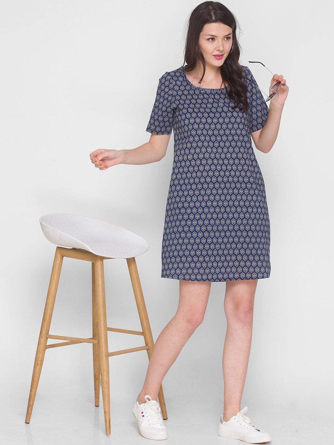 

TERQUOIS Navy Blue Ethnic Motifs A-Line Dress