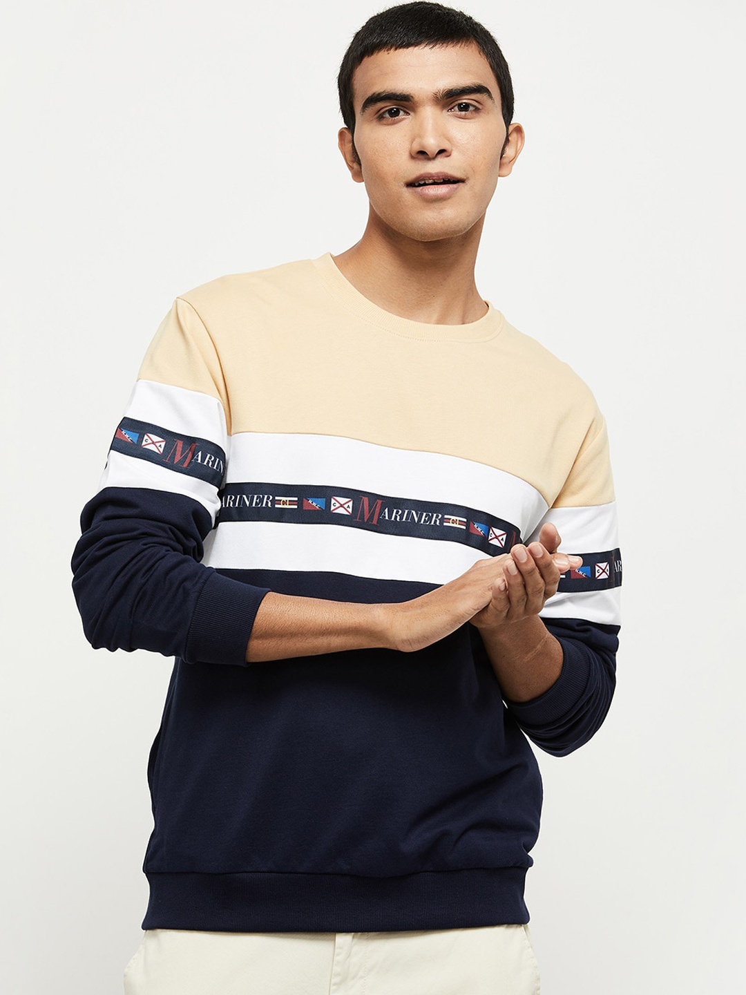

max Men Yellow & Navy Blue Colourblocked Cotton Sweatshirt