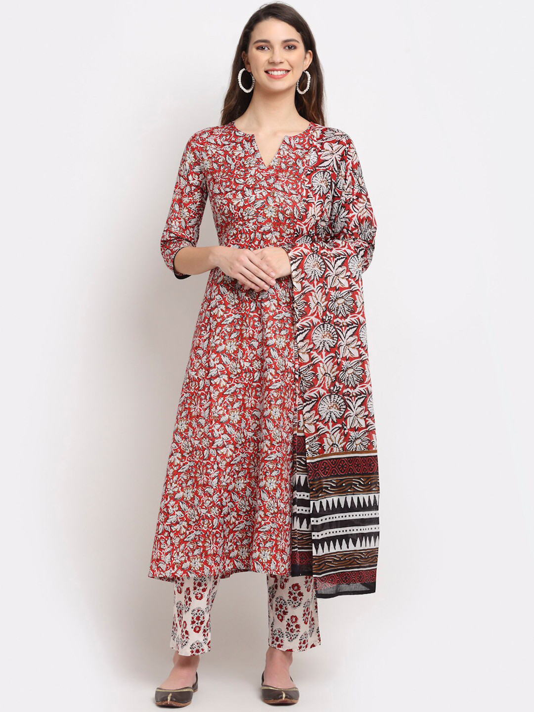 

Rudra Bazaar Women Red & White Floral Printed Pure Cotton Kurta with Trousers & Dupatta