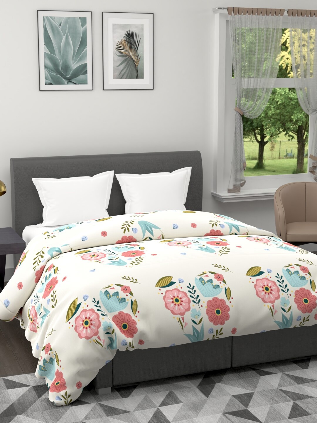 

BIANCA Off White & Pink Floral Microfiber AC Room 120 GSM Double Bed Quilt