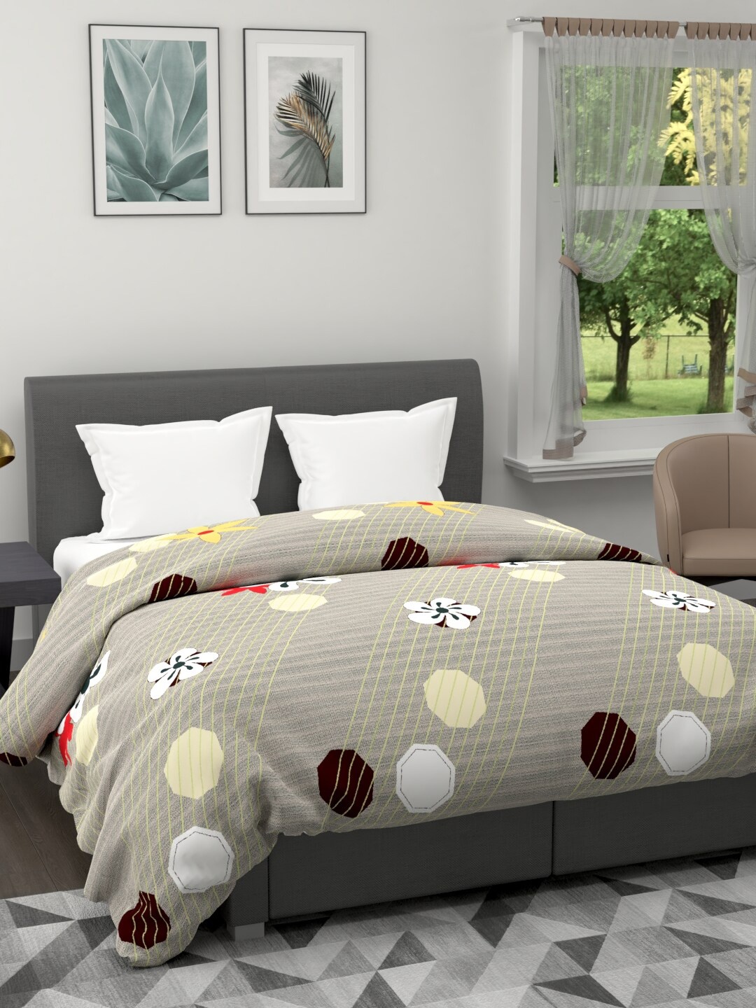 

BIANCA Khaki & White Geometric Microfiber AC Room 120 GSM Double Bed Comforter
