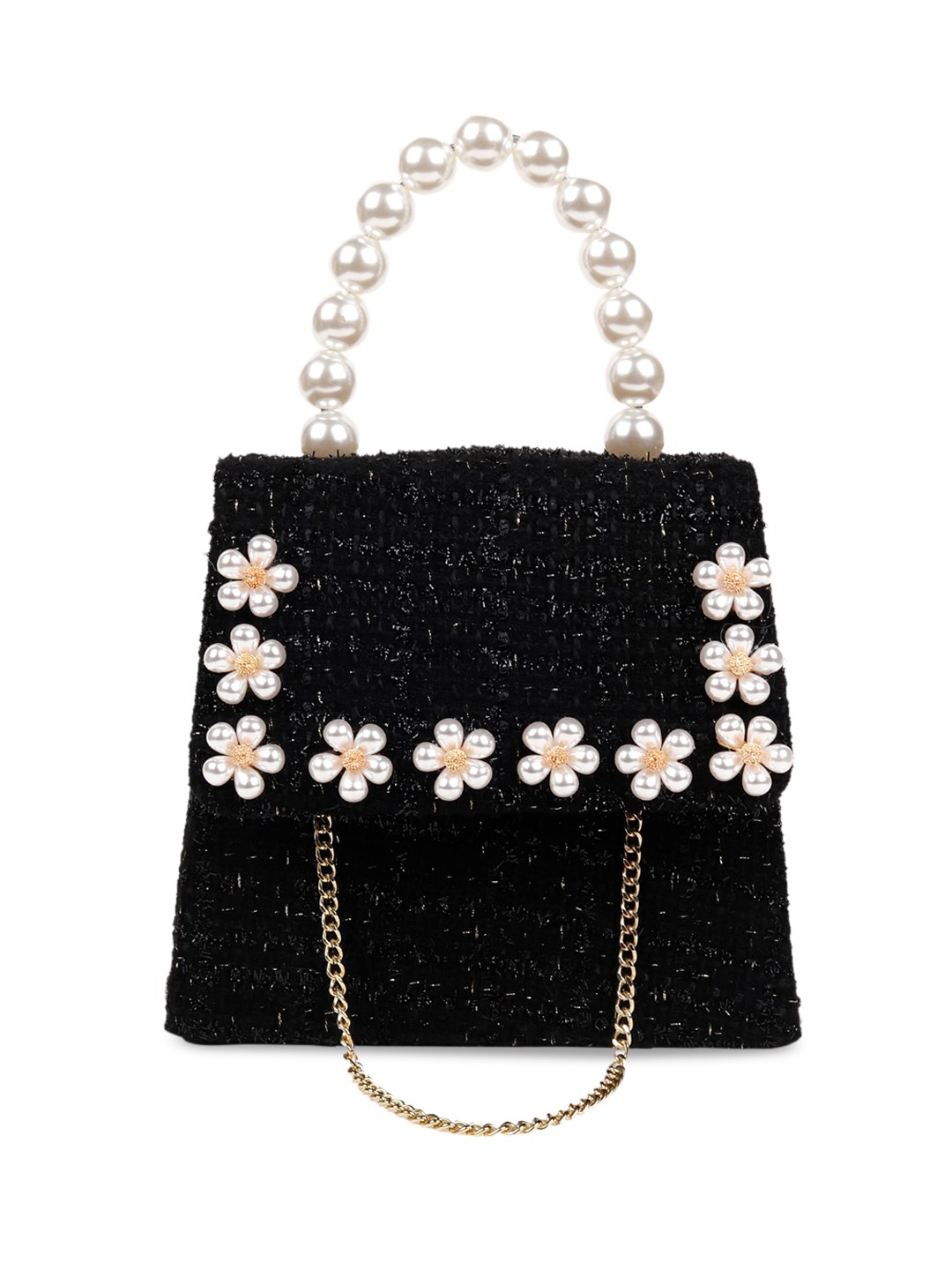 

ODETTE Black Floral Embellished Structured Tote Bag
