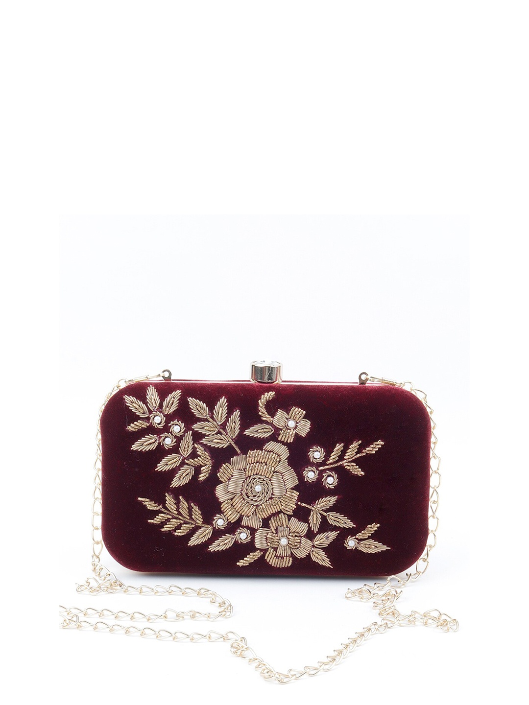 

ODETTE Woman Maroon & Gold-Toned Embellished Foldover Clutch