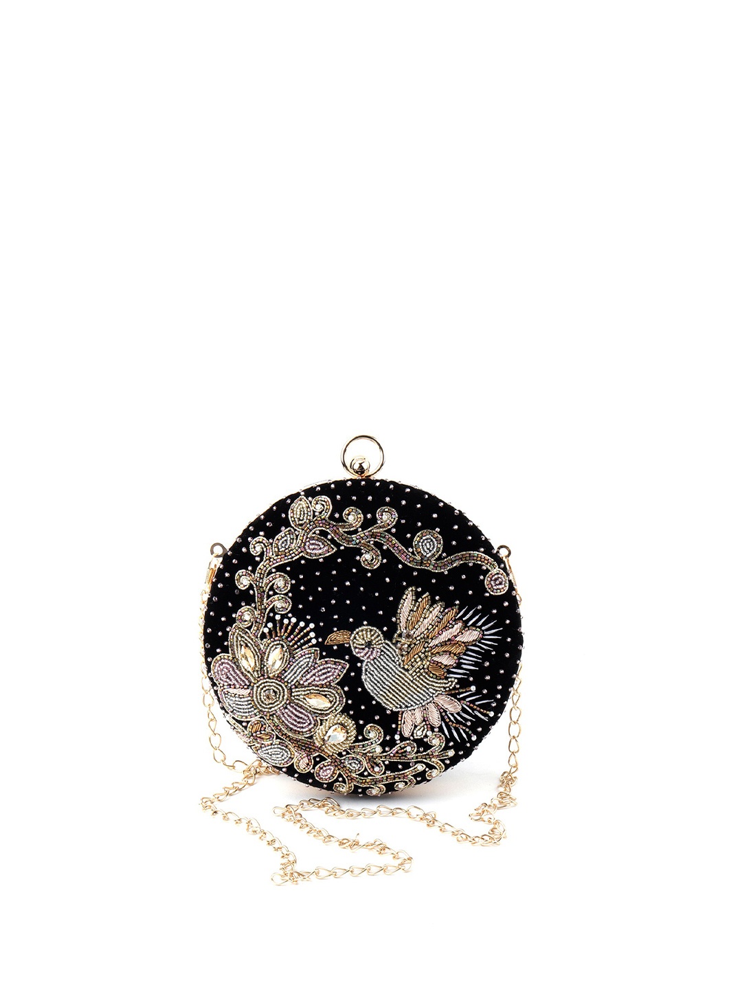 

ODETTE Black & Gold-Toned Embroidered Embellished Box Clutch