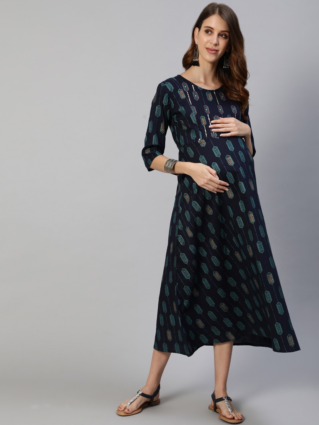 

Anubhutee Navy Blue Ethnic Motifs Maternity A-Line Midi Dress