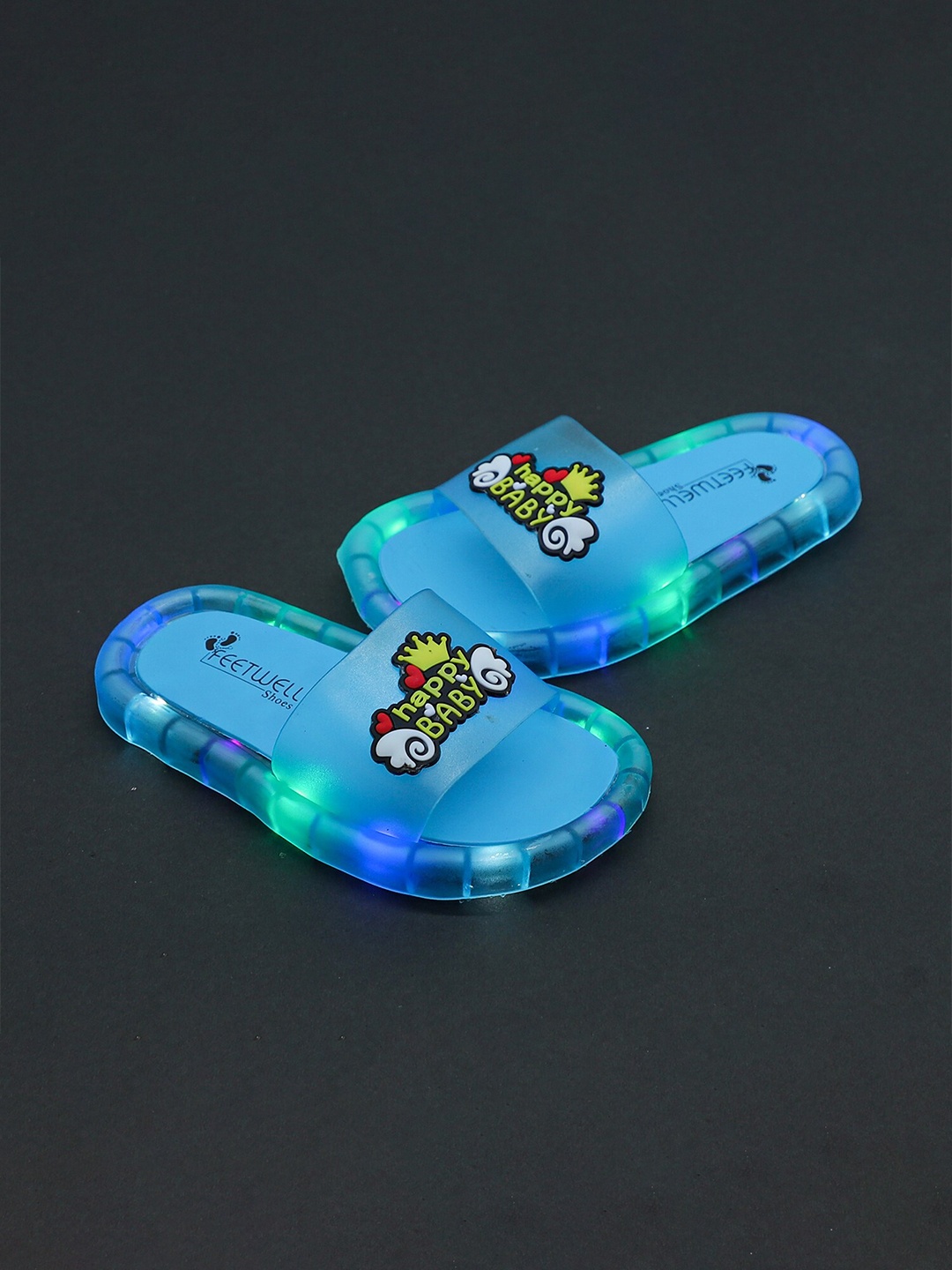 

FEETWELL SHOES Unisex Kids Blue & Yellow Printed Rubber Sliders