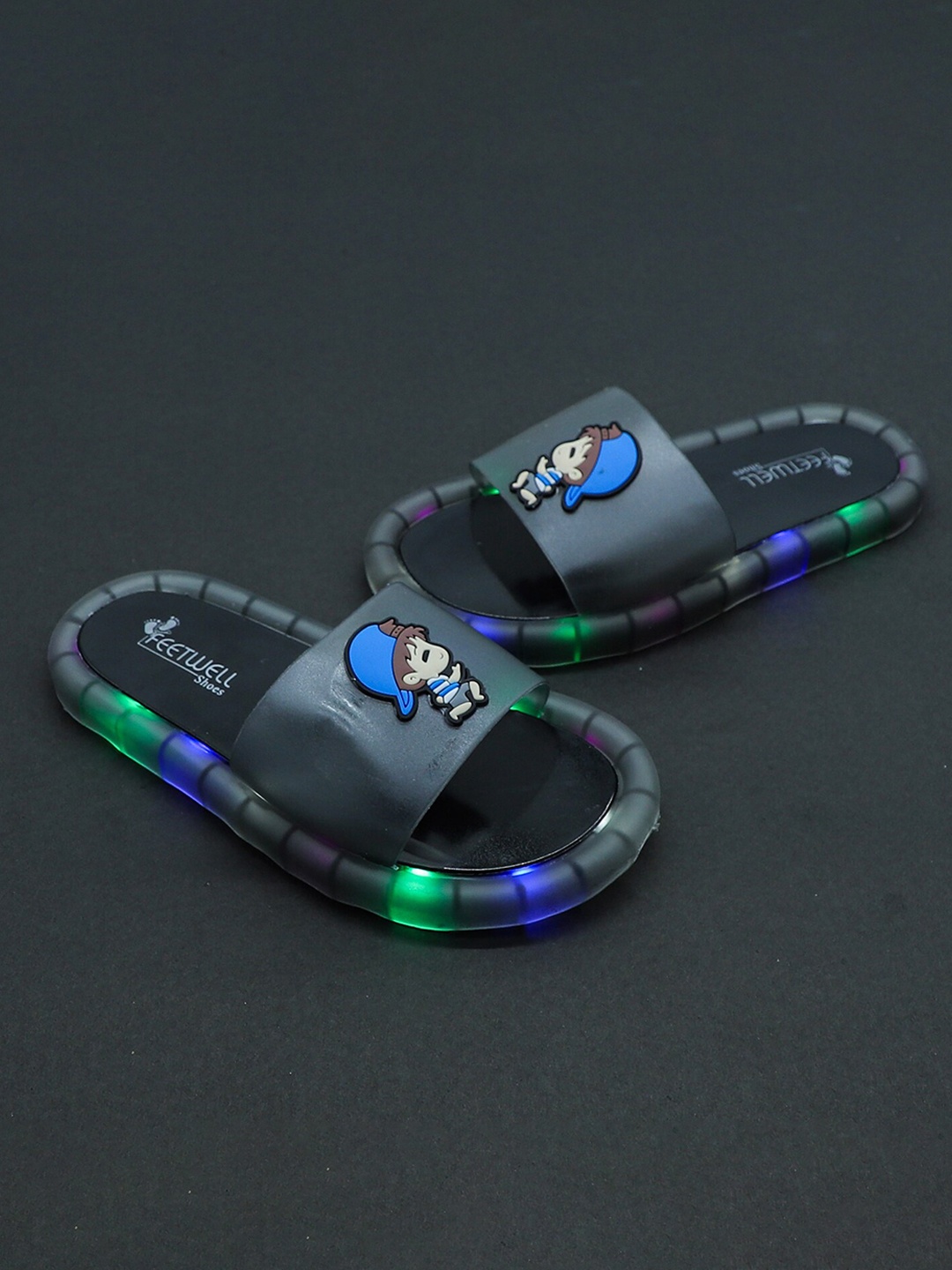 

FEETWELL SHOES Kids Black & Blue Rubber Sliders With LED Lights