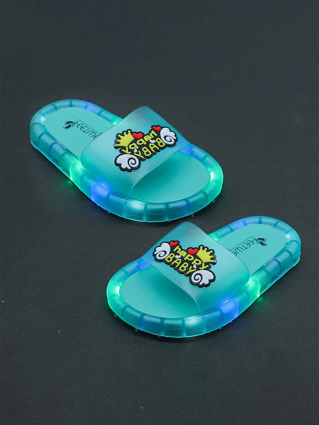 

FEETWELL SHOES Unisex Kids Turquoise Blue Printed Rubber LED Sliders