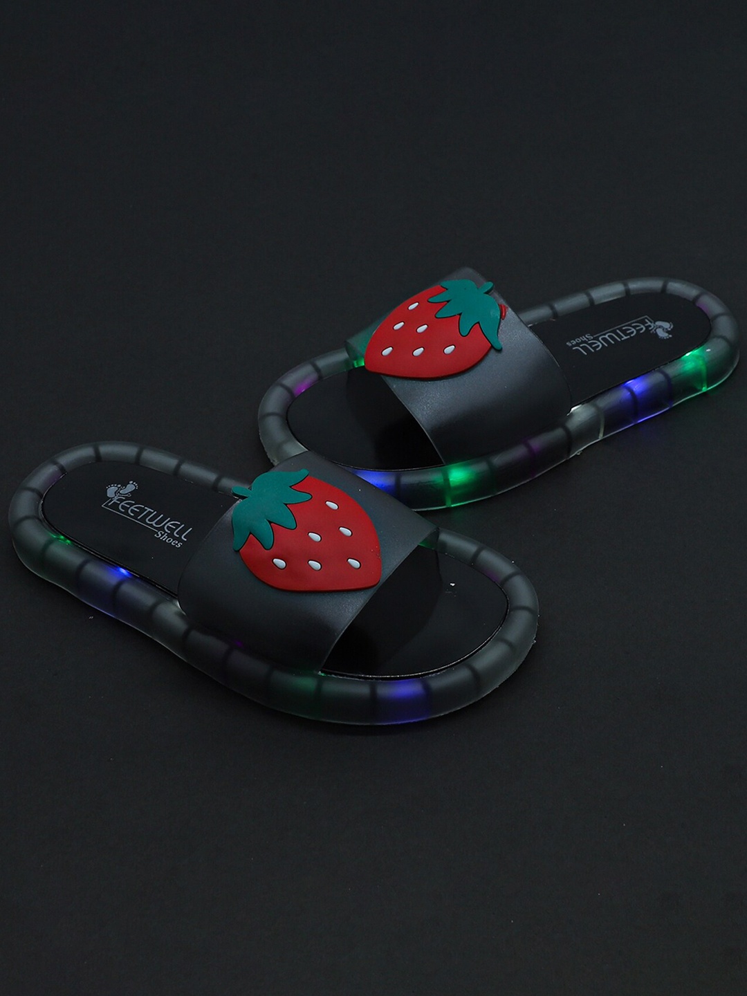 

FEETWELL SHOES Kids Black & Red Printed Rubber Sliders With LED Lights