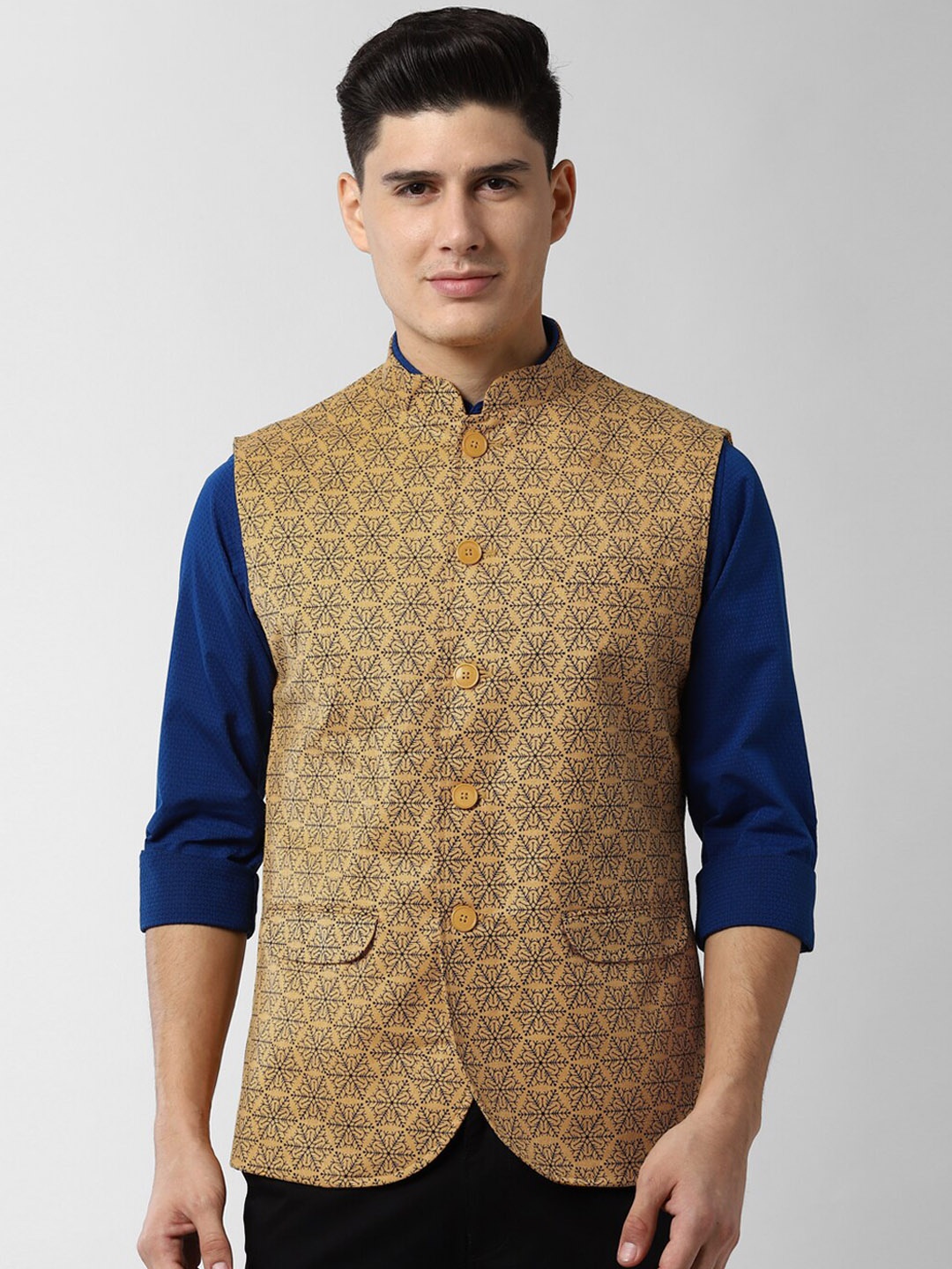 

Peter England Elite Men Beige & Blue Printed Woven Nehru Jacket