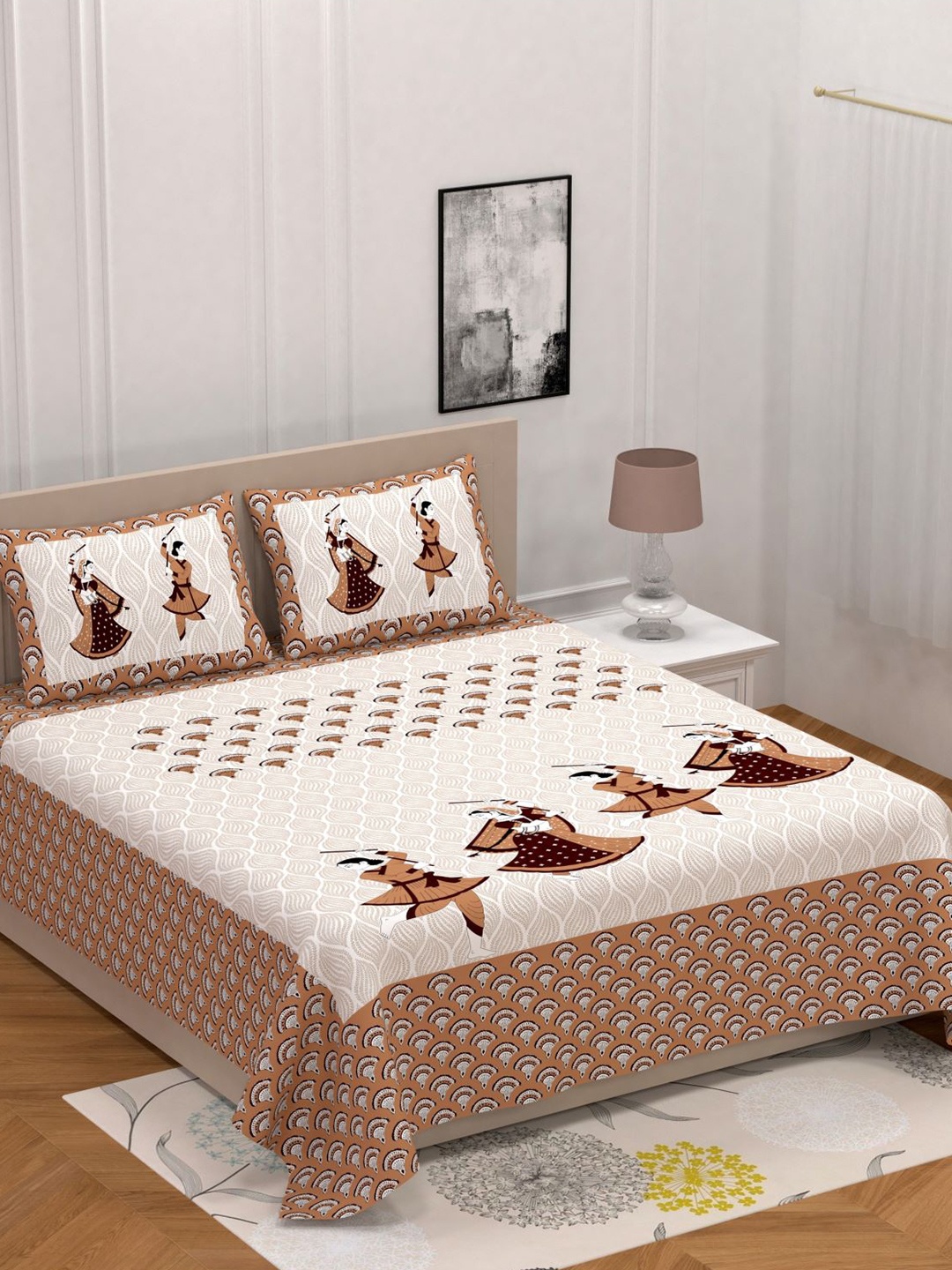 

Varde Brown & Off White Ethnic Motifs 104 TC Queen Bedsheet with 2 Pillow Covers