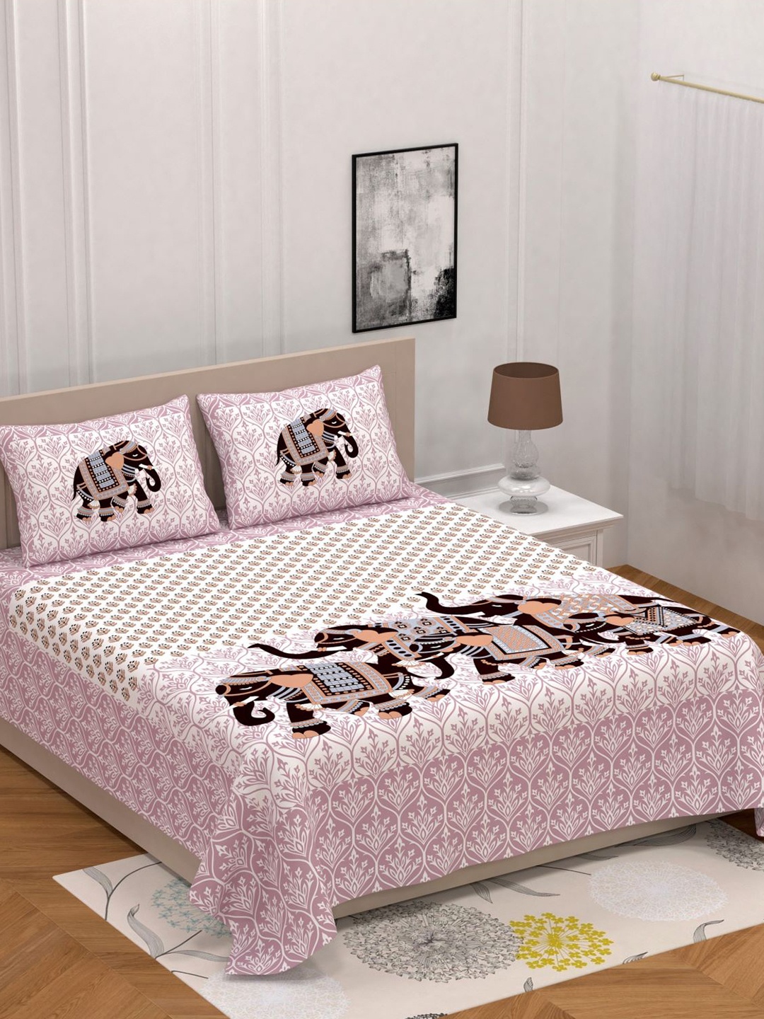 

Varde Pink & Maroon Ethnic Motifs 104 TC Queen Bedsheet with 2 Pillow Covers