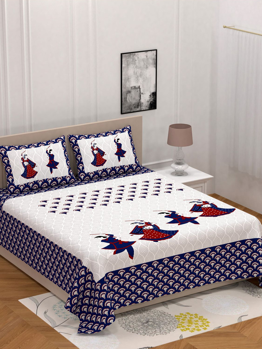 

Varde White & Navy Blue Ethnic Motifs 104 TC Queen Bedsheet with 2 Pillow Covers