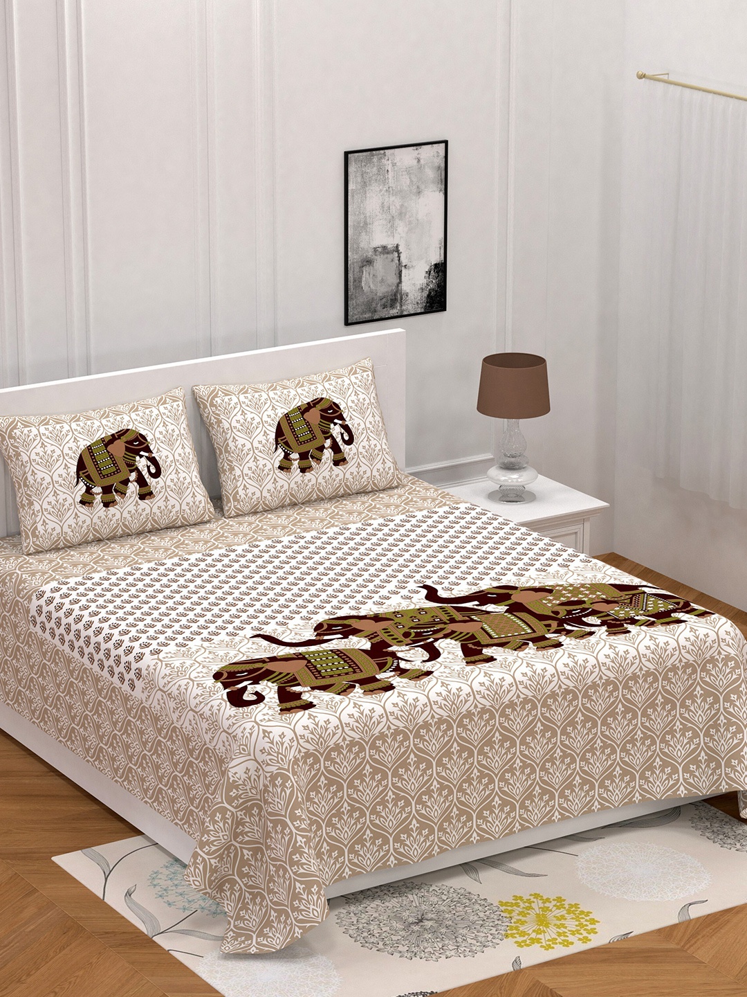 

Varde White & Beige Ethnic Motifs 104 TC Queen Bedsheet with 2 Pillow Covers