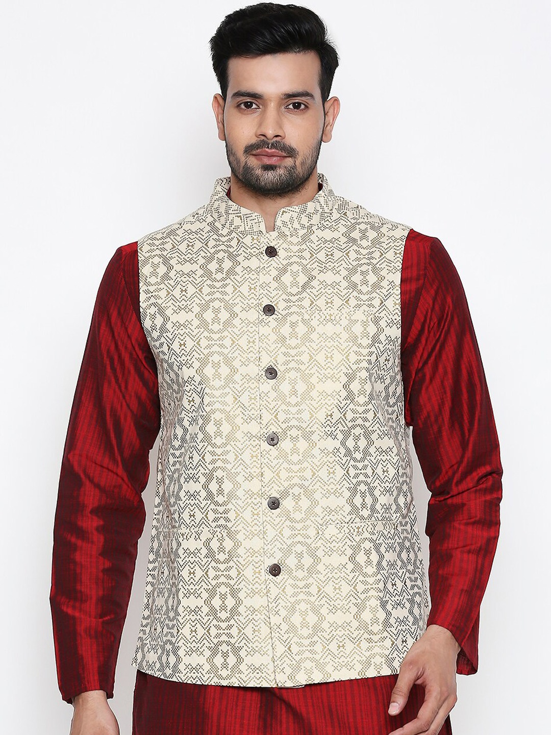 

indus route by Pantaloons Men Off White Printed Nehru Jacket