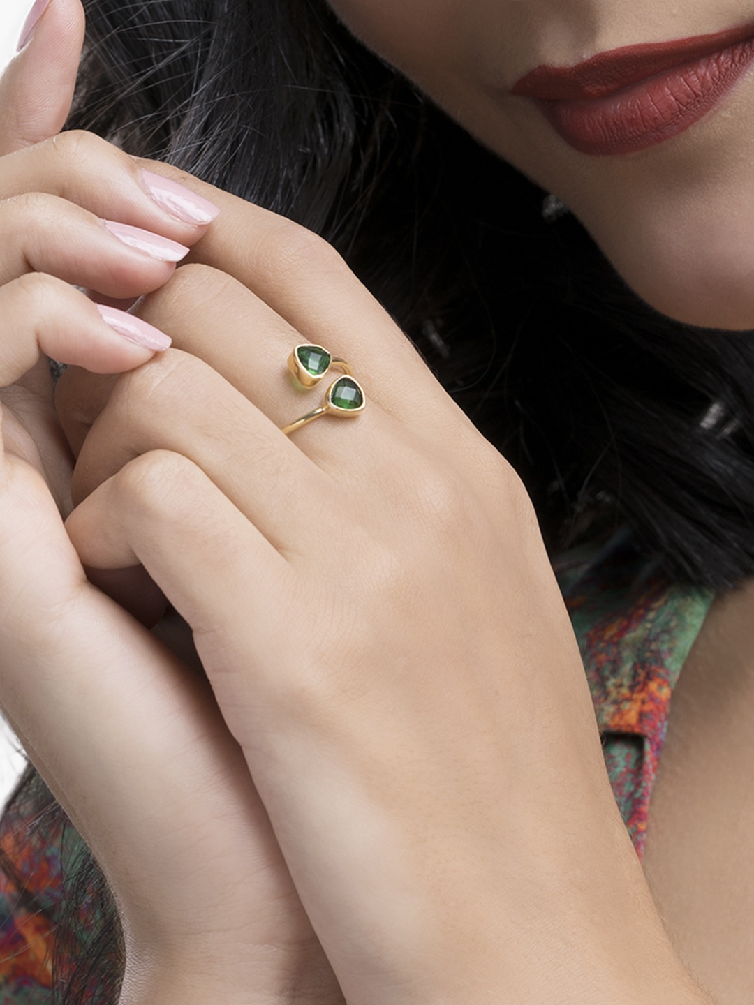 

Mikoto by FableStreet Gold-Plated Green Quartz-Studded Handcrafted Adjustable Finger Ring