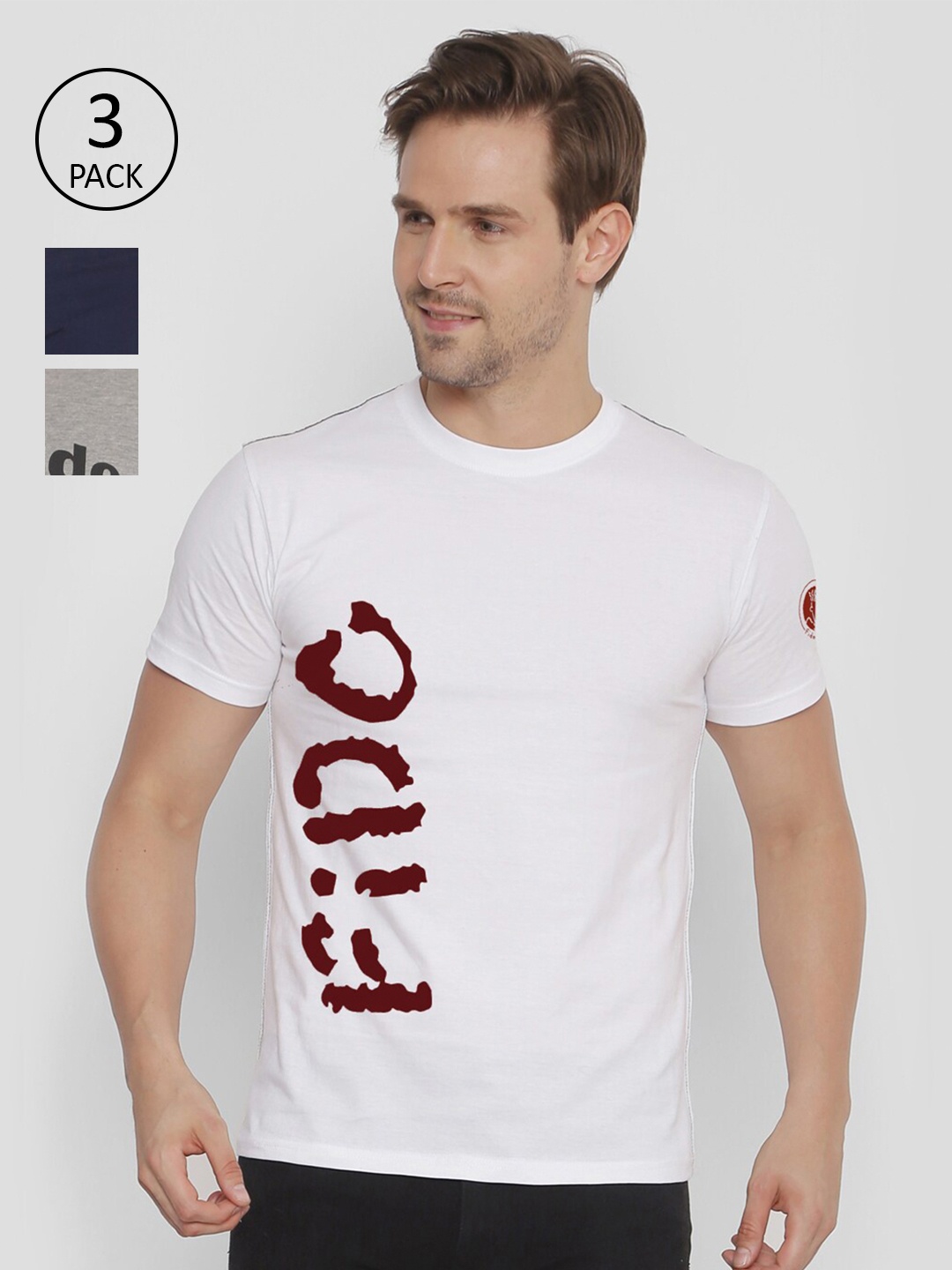 

FIDO DIDO Men Pack Of 3 Printed Slim Fit Pure Cotton T-shirt, Blue