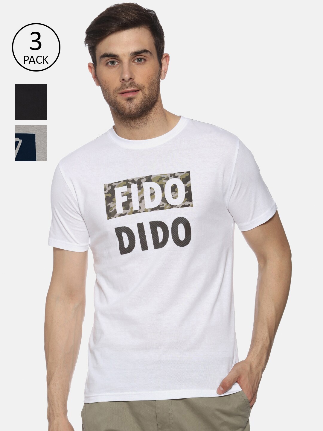 

FIDO DIDO Men Set Of 3 Typography Printed Slim Fit T-shirt, White