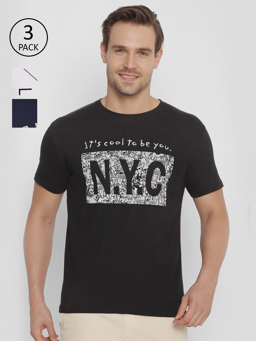 

FIDO DIDO Men Pack Of 3 Pure Cotton Printed Slim Fit T-shirt, Black