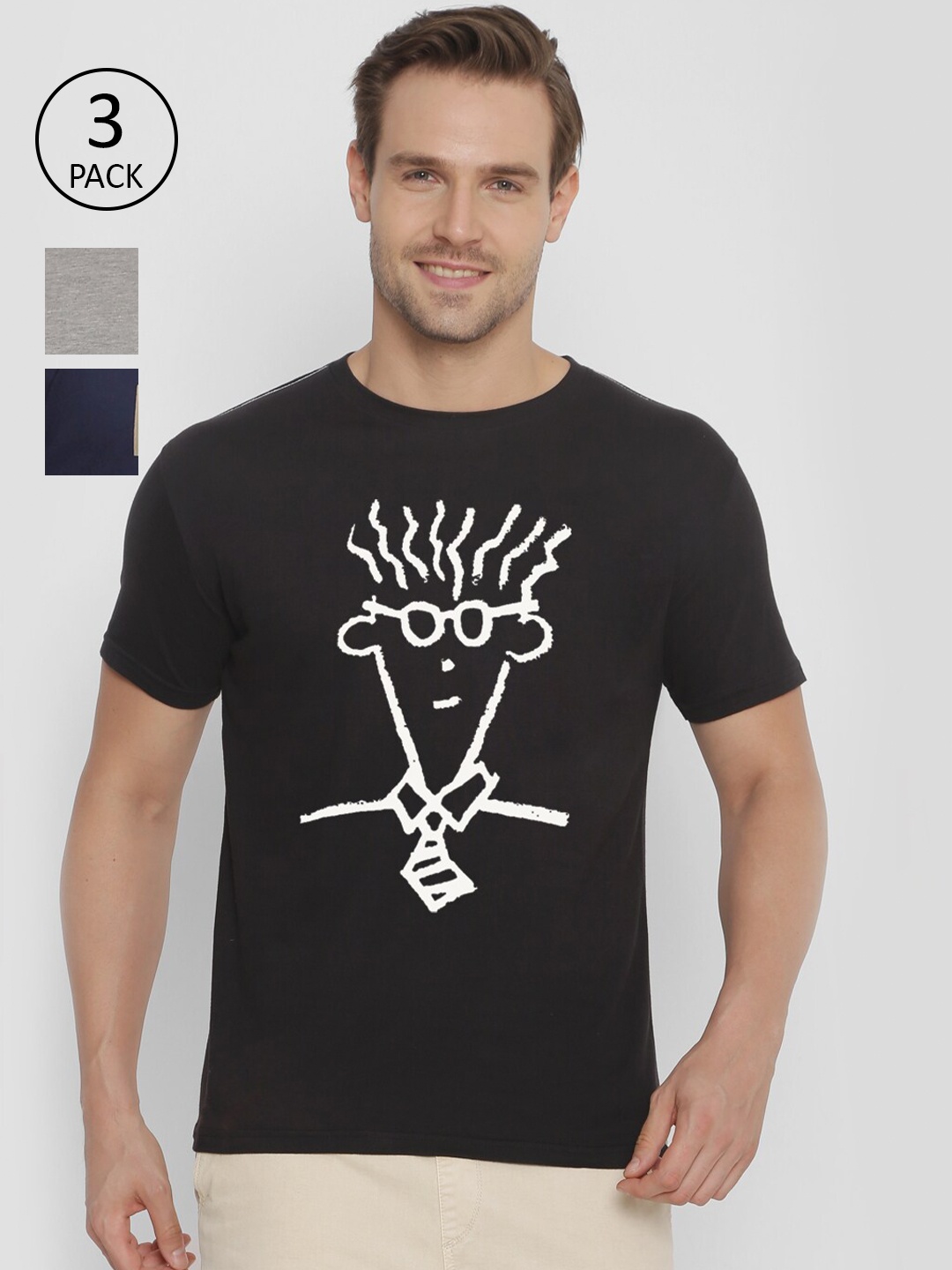 

FIDO DIDO Men Pack Of 3 Printed Pure Cotton Slim Fit Pure Cotton T-shirts, Navy blue