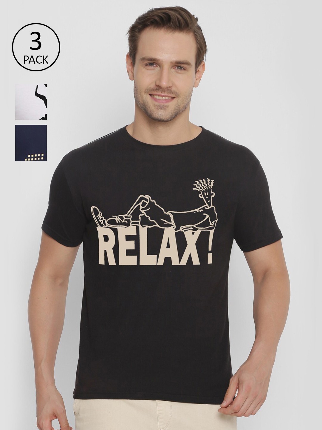 

FIDO DIDO Men Pack Of 3 Multicoloured Printed Slim Fit T-shirts, Multi