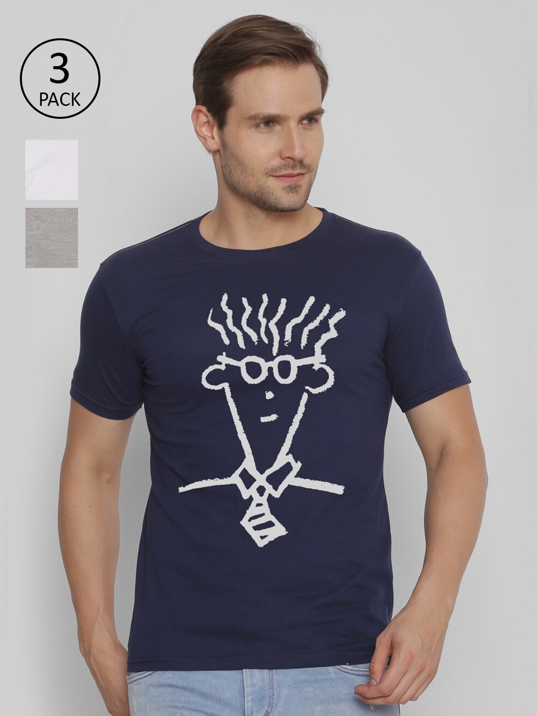

FIDO DIDO Men Pack of 3 Printed Slim Fit Cotton Pure Cotton T-shirt, Grey melange