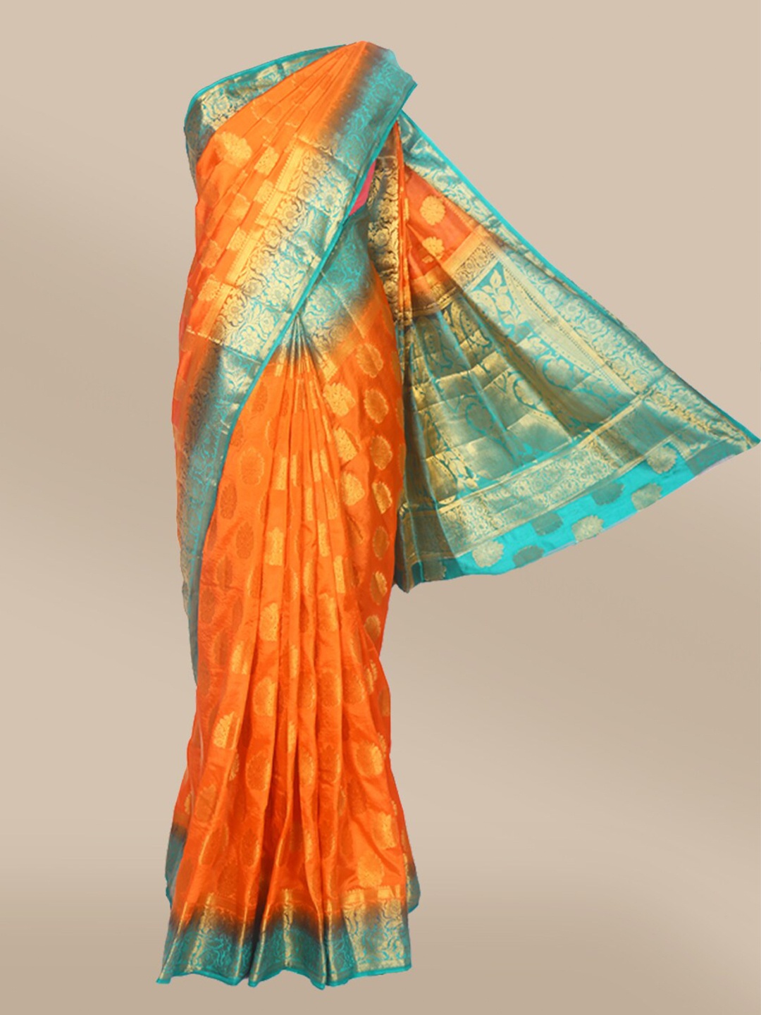 

The Chennai Silks Orange & Turquoise Blue Ethnic Motifs Zari Saree