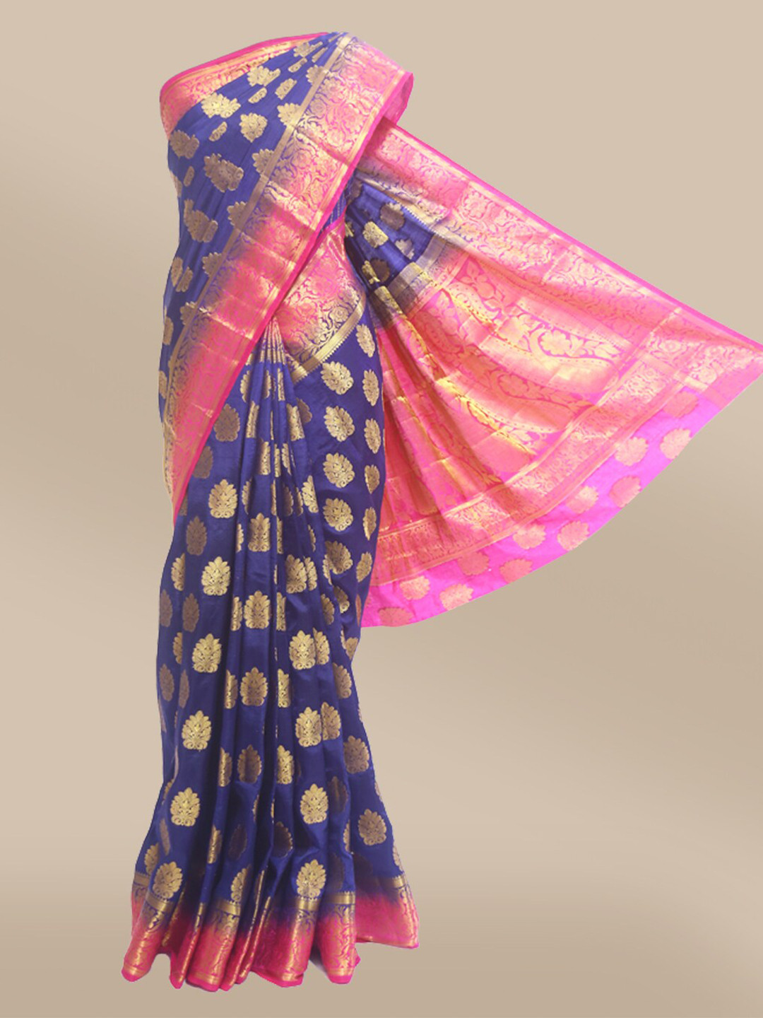 

The Chennai Silks Navy Blue & Pink Ethnic Motifs Saree