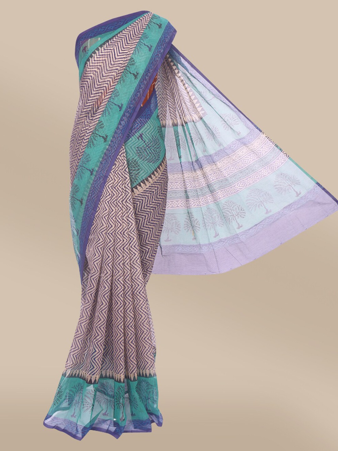 

The Chennai Silks Off White & Blue Pure Cotton Chanderi Saree