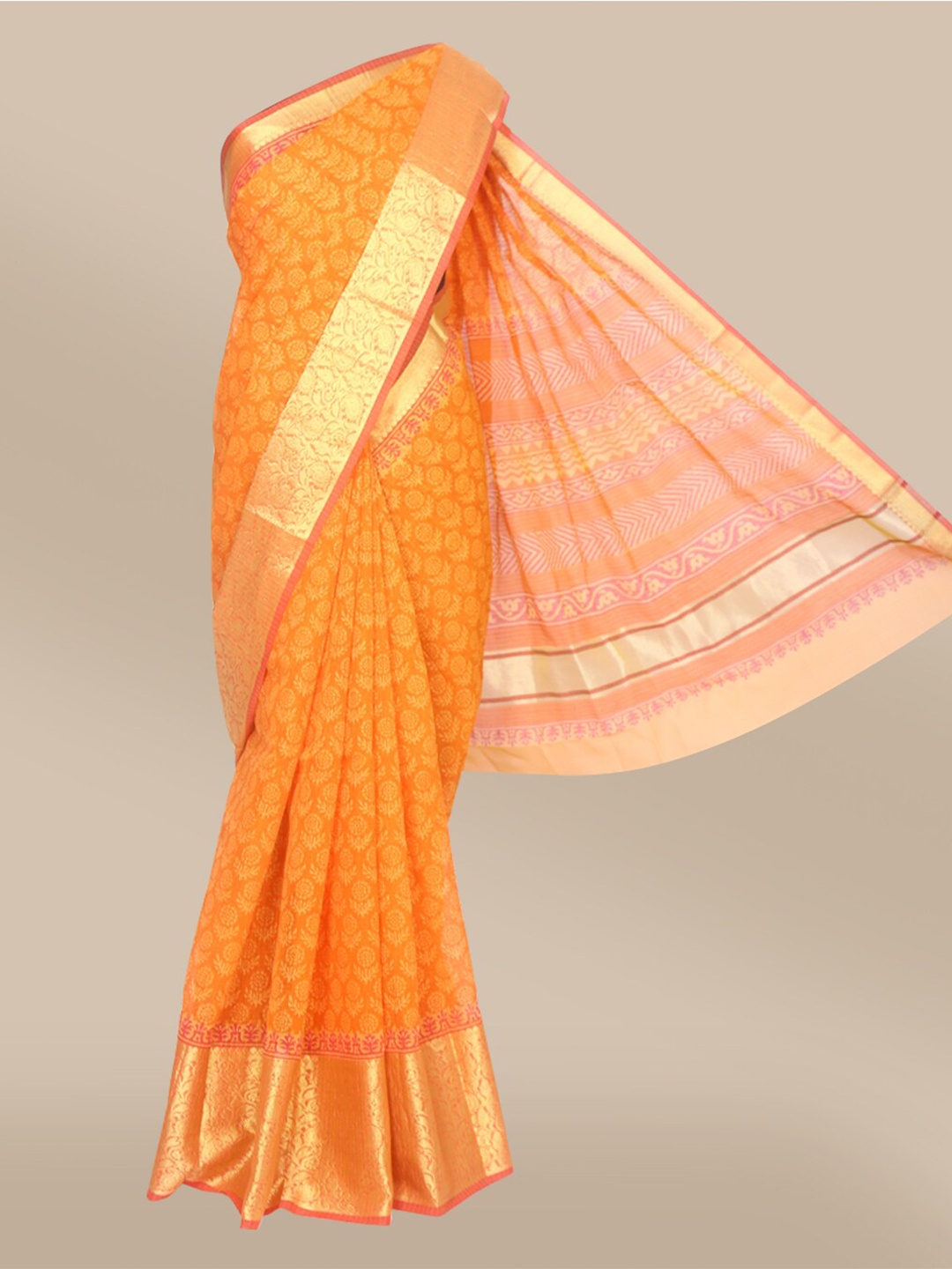 

The Chennai Silks Orange & Gold Floral Pure Cotton Chanderi Saree