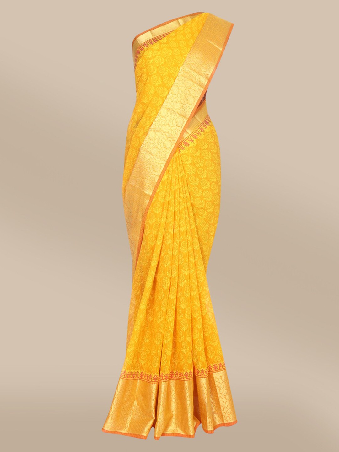 

The Chennai Silks Yellow & Gold Floral Pure Cotton Chanderi Saree