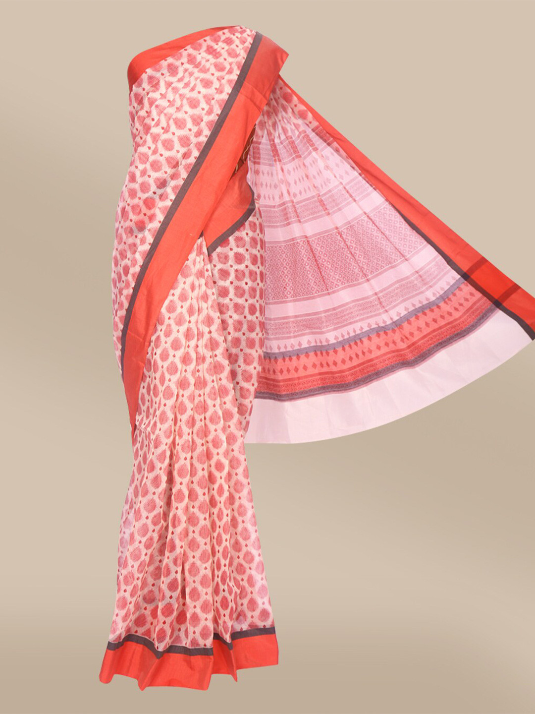 

The Chennai Silks White & Orange Floral Pure Cotton Chanderi Saree