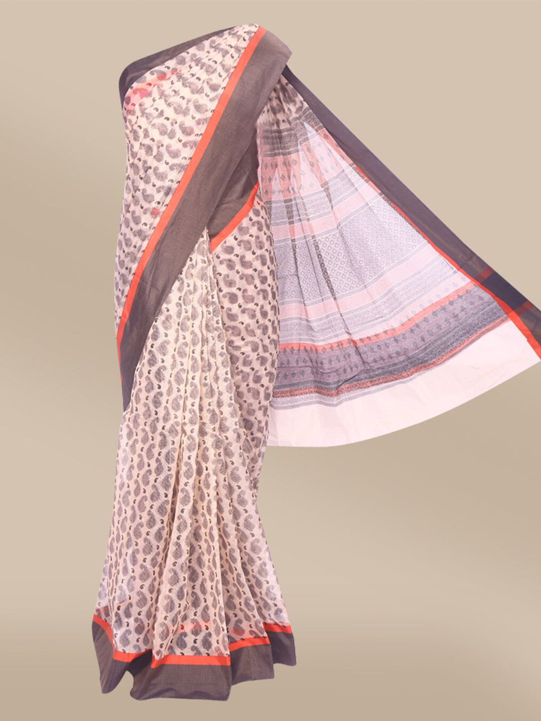 

The Chennai Silks Off White & Grey Paisley Pure Cotton Chanderi Saree