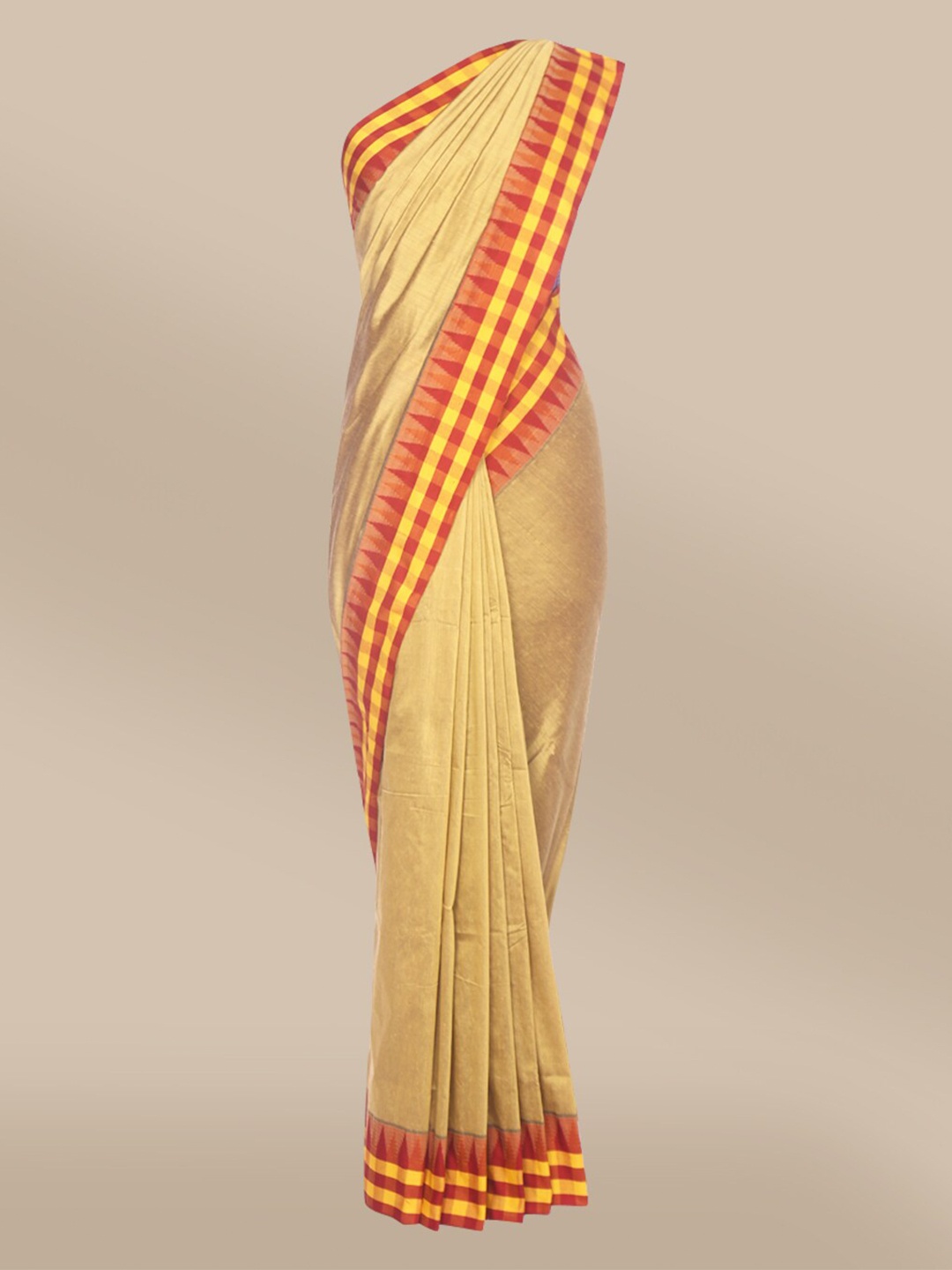 

The Chennai Silks Beige & Yellow Checked Border Saree