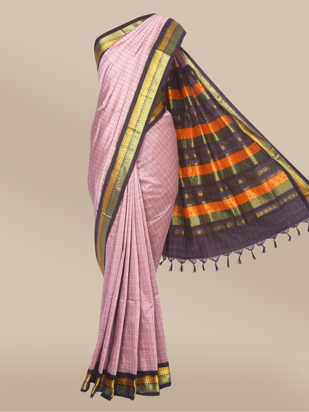 

The Chennai Silks Purple & Navy Blue Checked Zari Saree