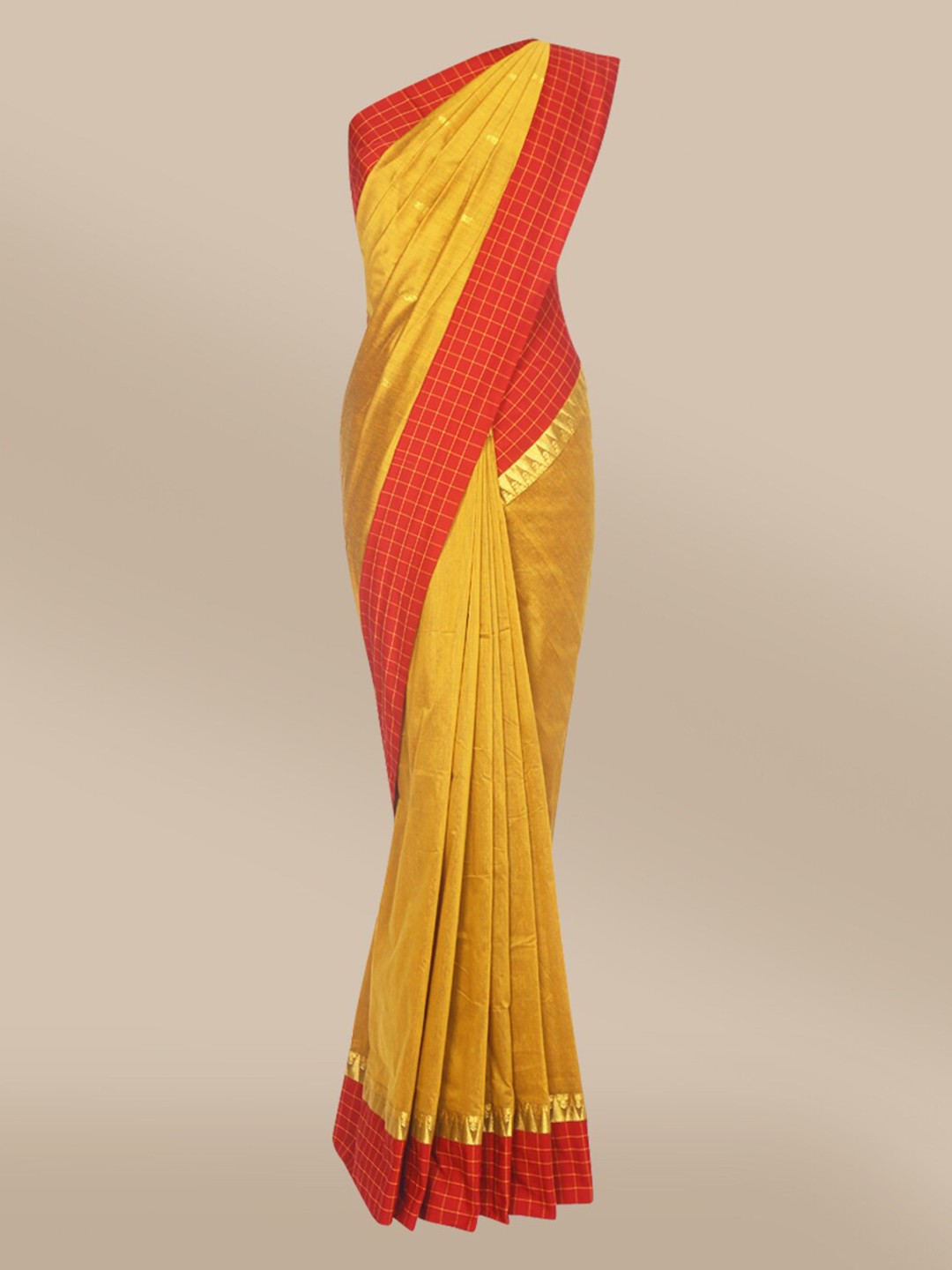 

The Chennai Silks Mustard & Red Ethnic Motifs Zari Saree