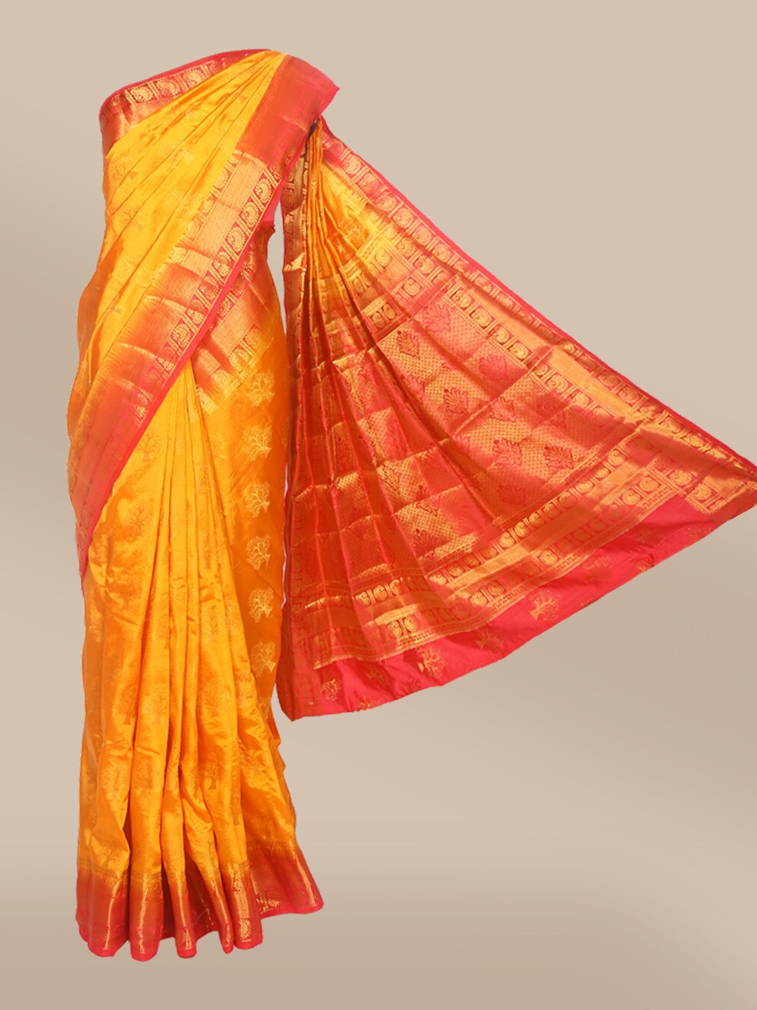 

The Chennai Silks Yellow & Red Ethnic Motifs Zari Saree