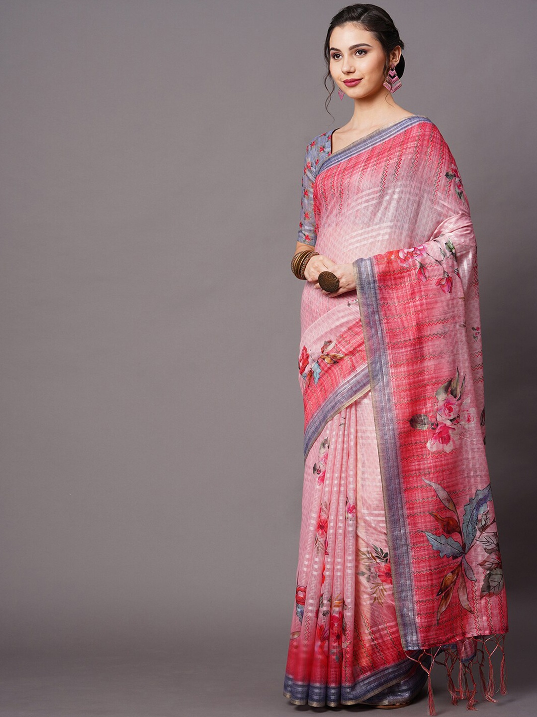 

Mitera Pink & Grey Floral Printed Linen Blend Saree