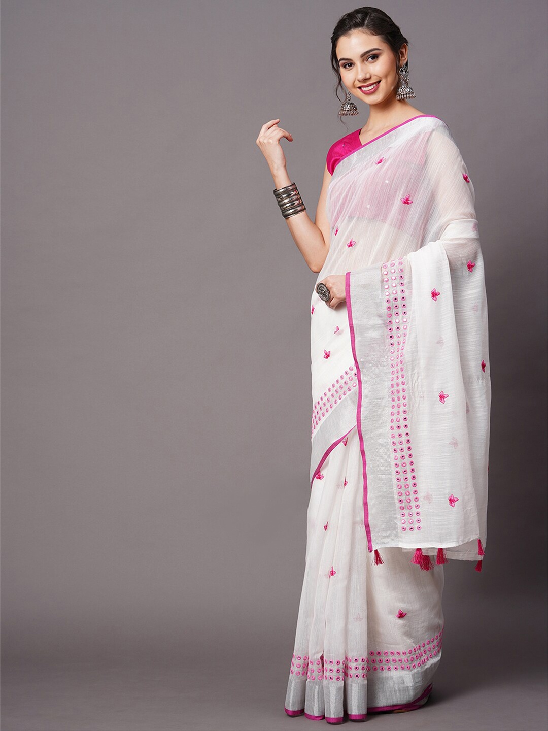 

Mitera White & Pink Floral Embroidered With Mirror Work Linen Blend Saree